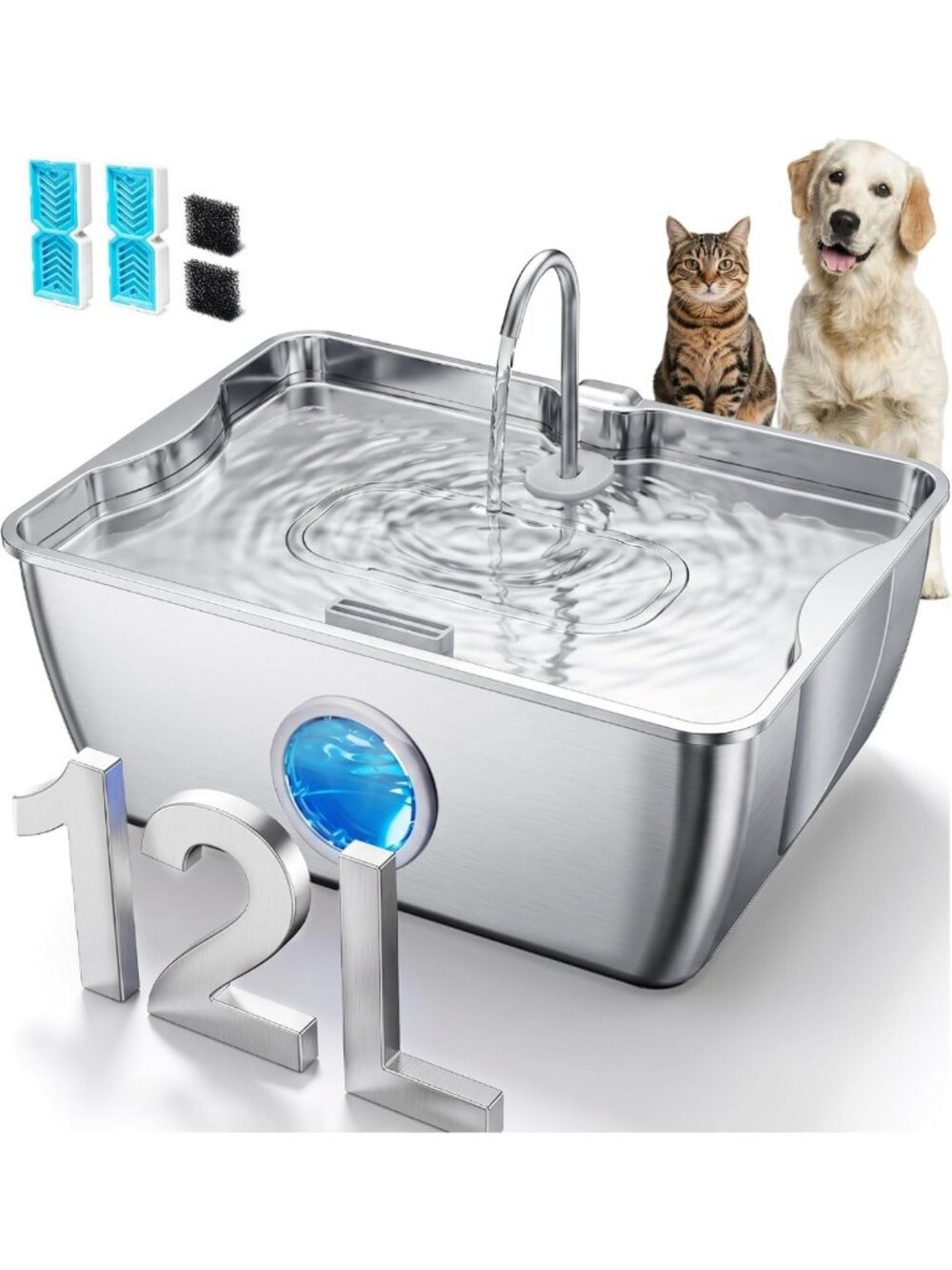 Stainless Steel 12L Dog Water Fountain with Easy-Carry Handle - Pet Hydration